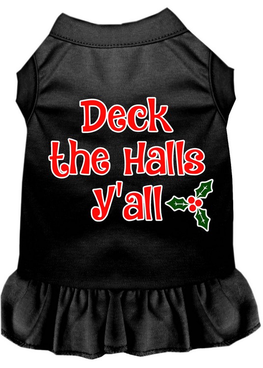 Deck the Halls Y'all Screen Print Dog Dress Black Sm